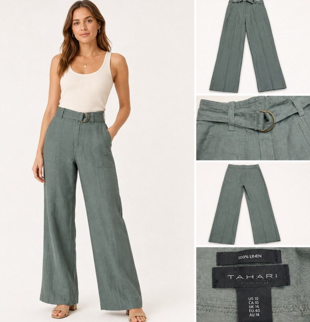 Breathable Tahari Wide Leg Belted Linen Pants Size 10 Olive Green Utility Chic